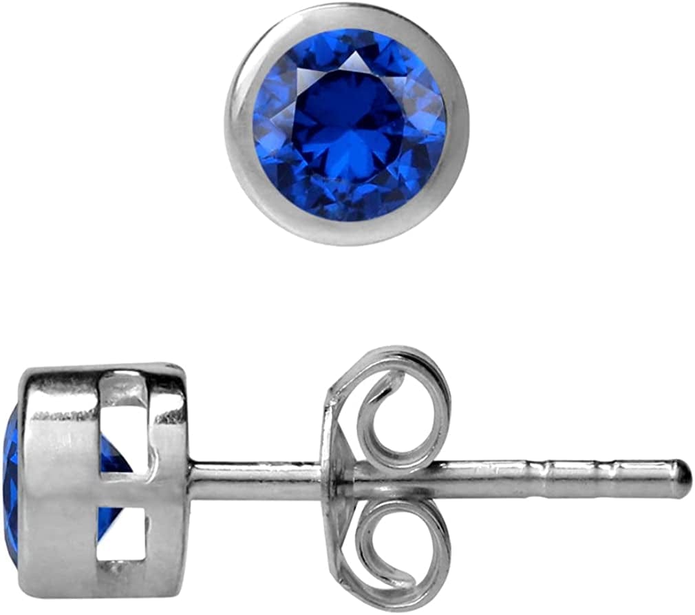 4Mm Petite Natural round Shape Birthstone Gemstones White Gold Plated 925 Sterling Silver Bezel Set Minimalist Stud Post Earrings Jewelry for Women created-blue-sapphire