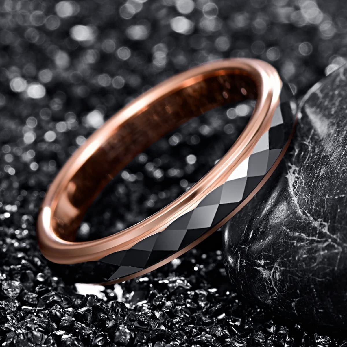 4Mm Women'S Tungsten Wedding Ring Faceted Finish Rose Gold Plated Comfort Fit Size 5-10