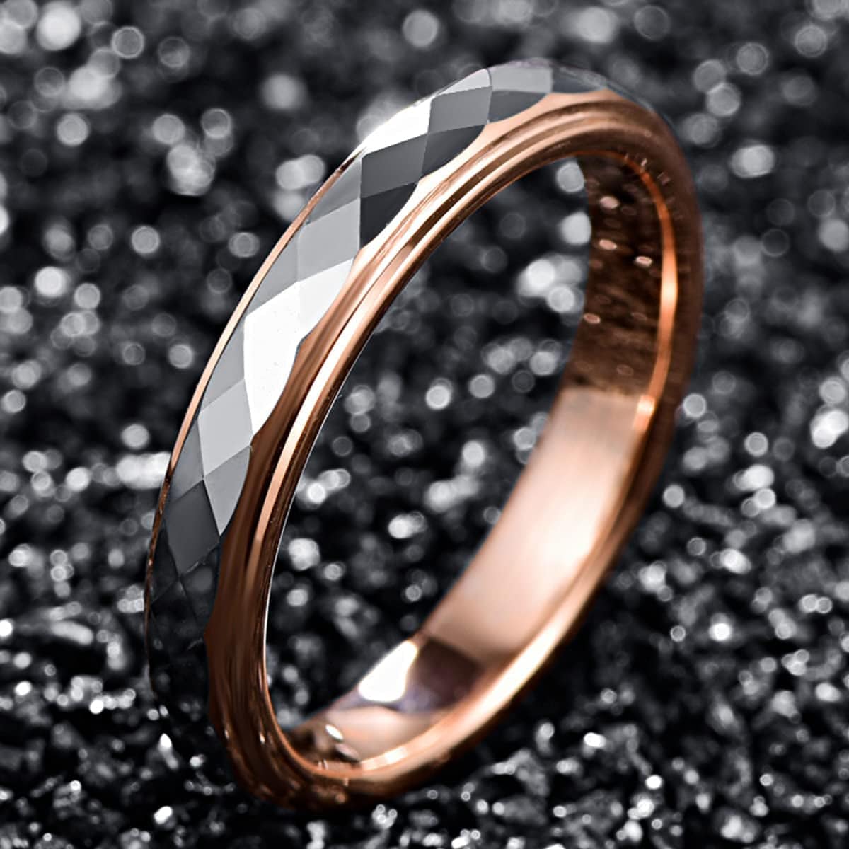 4Mm Women'S Tungsten Wedding Ring Faceted Finish Rose Gold Plated Comfort Fit Size 5-10