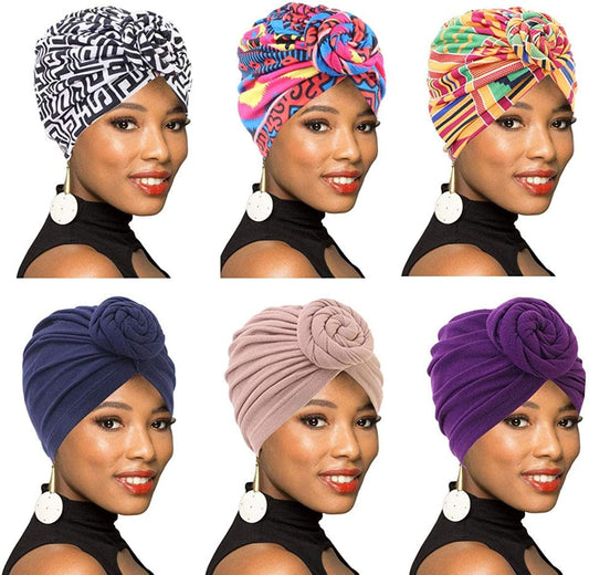 4Pack/6Packs Women Turban African Pattern Knot Headwrap Beanie Pre-Tied Bonnet Chemo Cap Hair Loss Hat Apparel & Accessories > Clothing Accessories > Headwear BOBIBI Colour013  