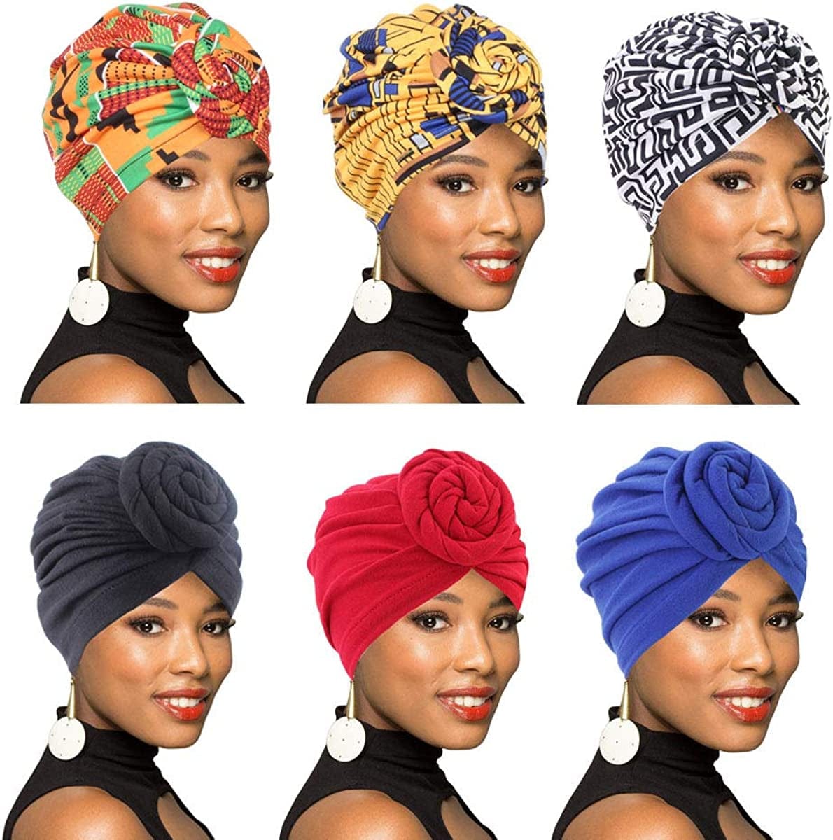4Pack/6Packs Women Turban African Pattern Knot Headwrap Beanie Pre-Tied Bonnet Chemo Cap Hair Loss Hat Apparel & Accessories > Clothing Accessories > Headwear BOBIBI Colour012  