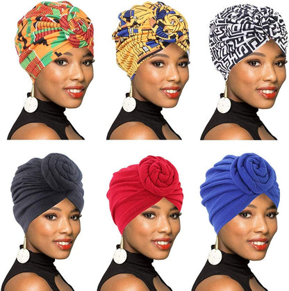 4Pack/6Packs Women Turban African Pattern Knot Headwrap Beanie Pre-Tied Bonnet Chemo Cap Hair Loss Hat Apparel & Accessories > Clothing Accessories > Headwear BOBIBI Colour012  