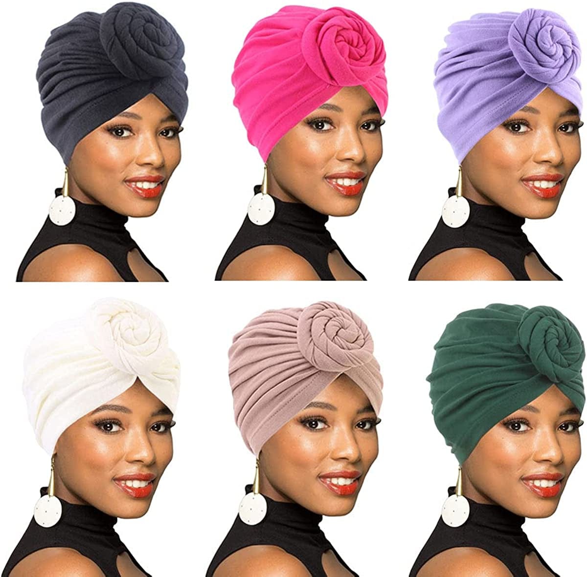 4Pack/6Packs Women Turban African Pattern Knot Headwrap Beanie Pre-Tied Bonnet Chemo Cap Hair Loss Hat Apparel & Accessories > Clothing Accessories > Headwear BOBIBI Colour016  
