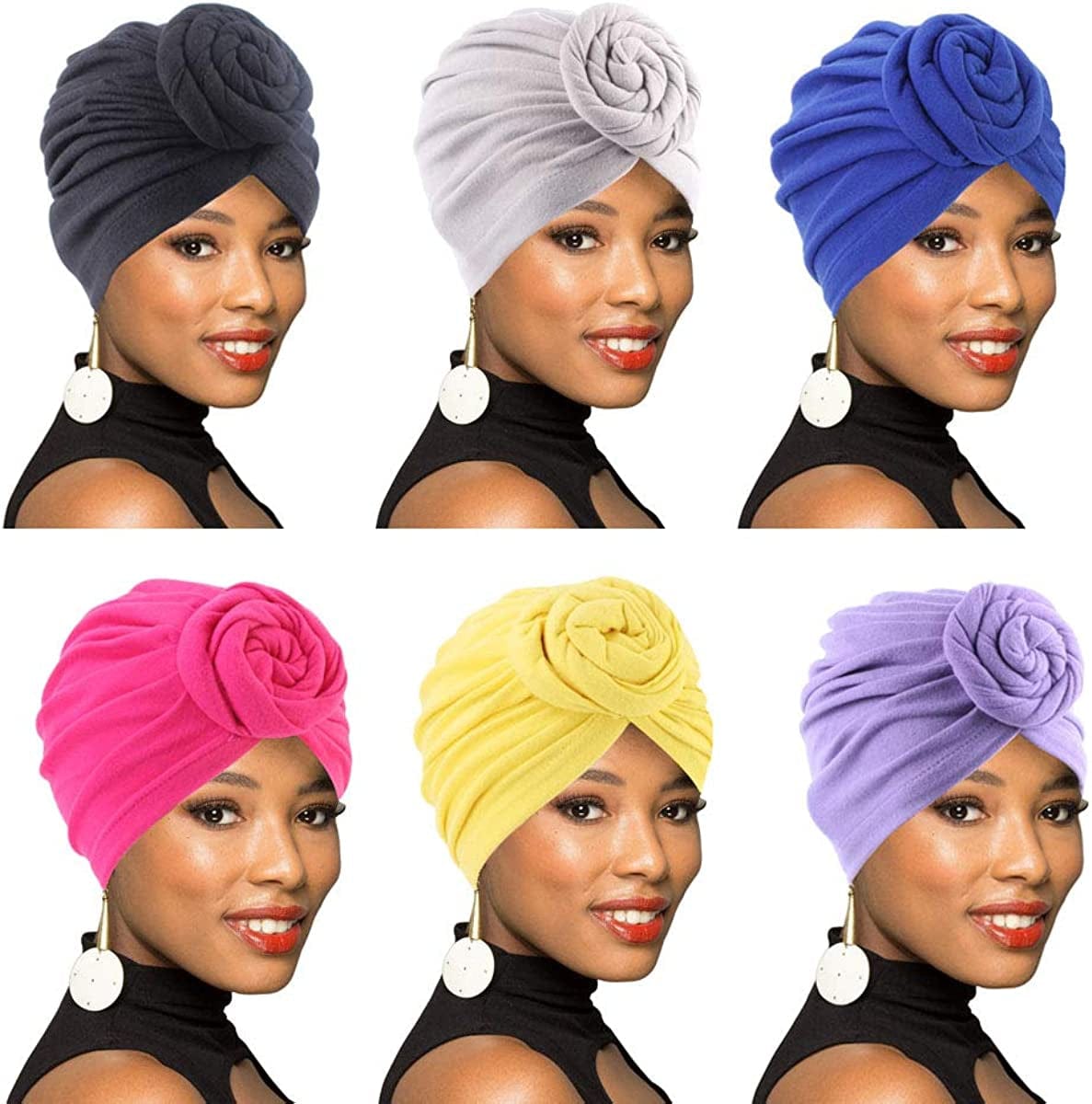 4Pack/6Packs Women Turban African Pattern Knot Headwrap Beanie Pre-Tied Bonnet Chemo Cap Hair Loss Hat Apparel & Accessories > Clothing Accessories > Headwear BOBIBI Colour002:black+gray+royal Blue+yellow+rose Red+light Purple  