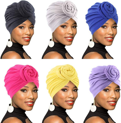 4Pack/6Packs Women Turban African Pattern Knot Headwrap Beanie Pre-Tied Bonnet Chemo Cap Hair Loss Hat Apparel & Accessories > Clothing Accessories > Headwear BOBIBI Colour002:black+gray+royal Blue+yellow+rose Red+light Purple  