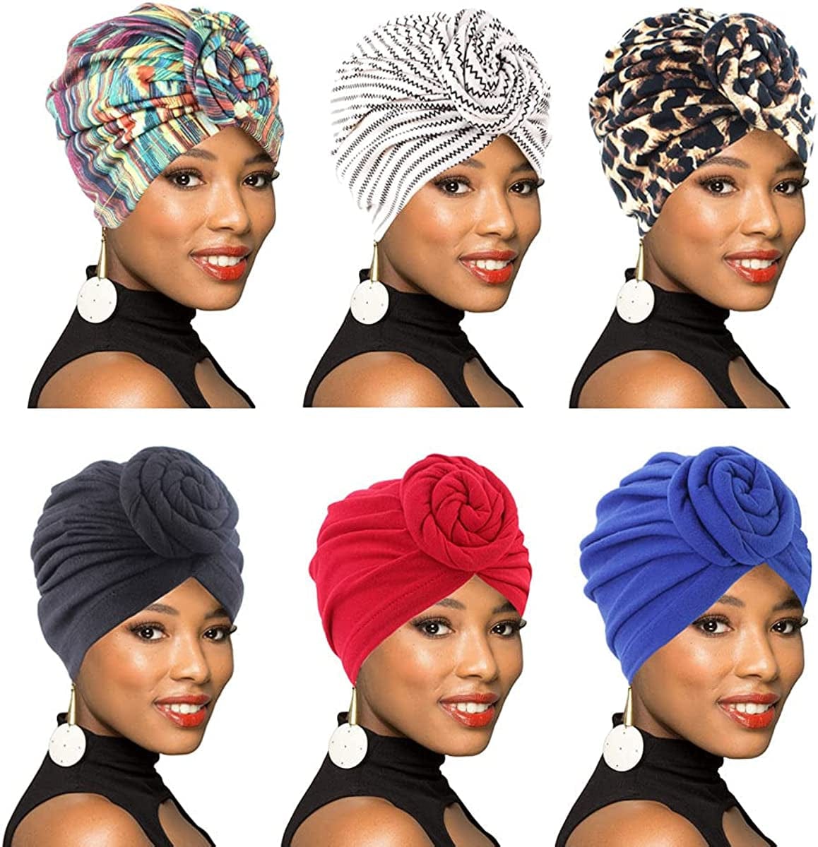 4Pack/6Packs Women Turban African Pattern Knot Headwrap Beanie Pre-Tied Bonnet Chemo Cap Hair Loss Hat Apparel & Accessories > Clothing Accessories > Headwear BOBIBI Colour014  