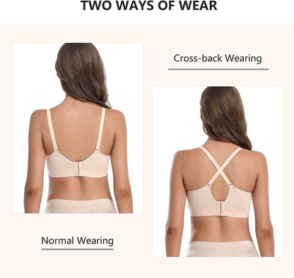 4PACK V Neck Nursing Bras Seamless Maternity Bras with Extra Bra Extenders for Sleep Breastfeeding - L,Black/Nude/Grey/White