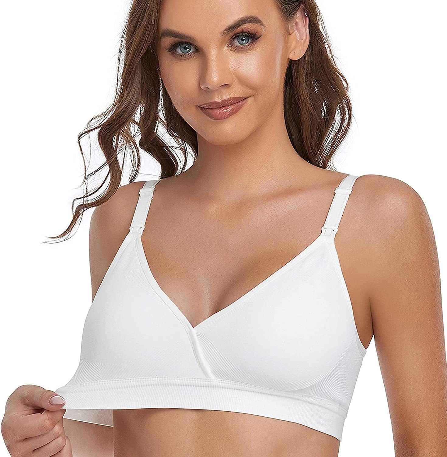4PACK V Neck Nursing Bras Seamless Maternity Bras with Extra Bra Extenders for Sleep Breastfeeding - L,Black/Nude/Grey/White