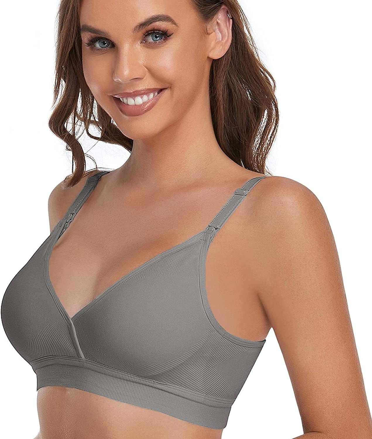 4PACK V Neck Nursing Bras Seamless Maternity Bras with Extra Bra Extenders for Sleep Breastfeeding - L,Black/Nude/Grey/White