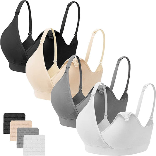 4PACK V Neck Nursing Bras Seamless Maternity Bras with Extra Bra Extenders for Sleep Breastfeeding - L,Black/Nude/Grey/White