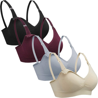 4Pack Womens Deep-V Seamless Sleep Nursing Bra for Breastfeeding Clip down Maternity Bras 4pcs (Black Beige Grey Red) / Large