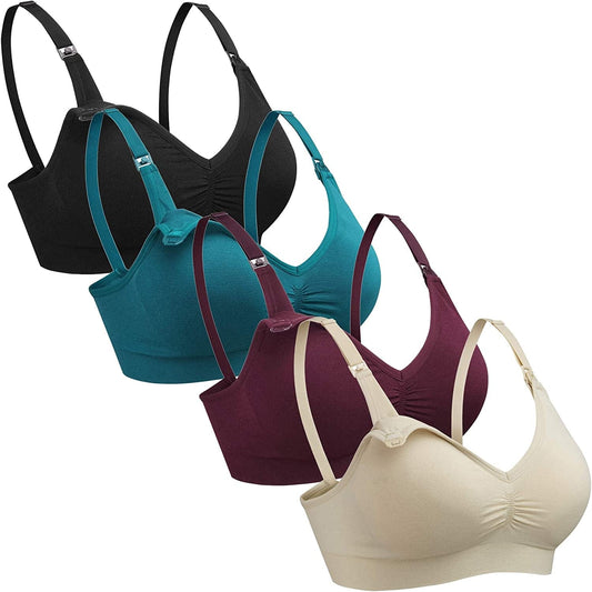 4Pack Womens Deep-V Seamless Sleep Nursing Bra for Breastfeeding Clip down Maternity Bras 4pcs (Black Beige Green Red) / XX-Large