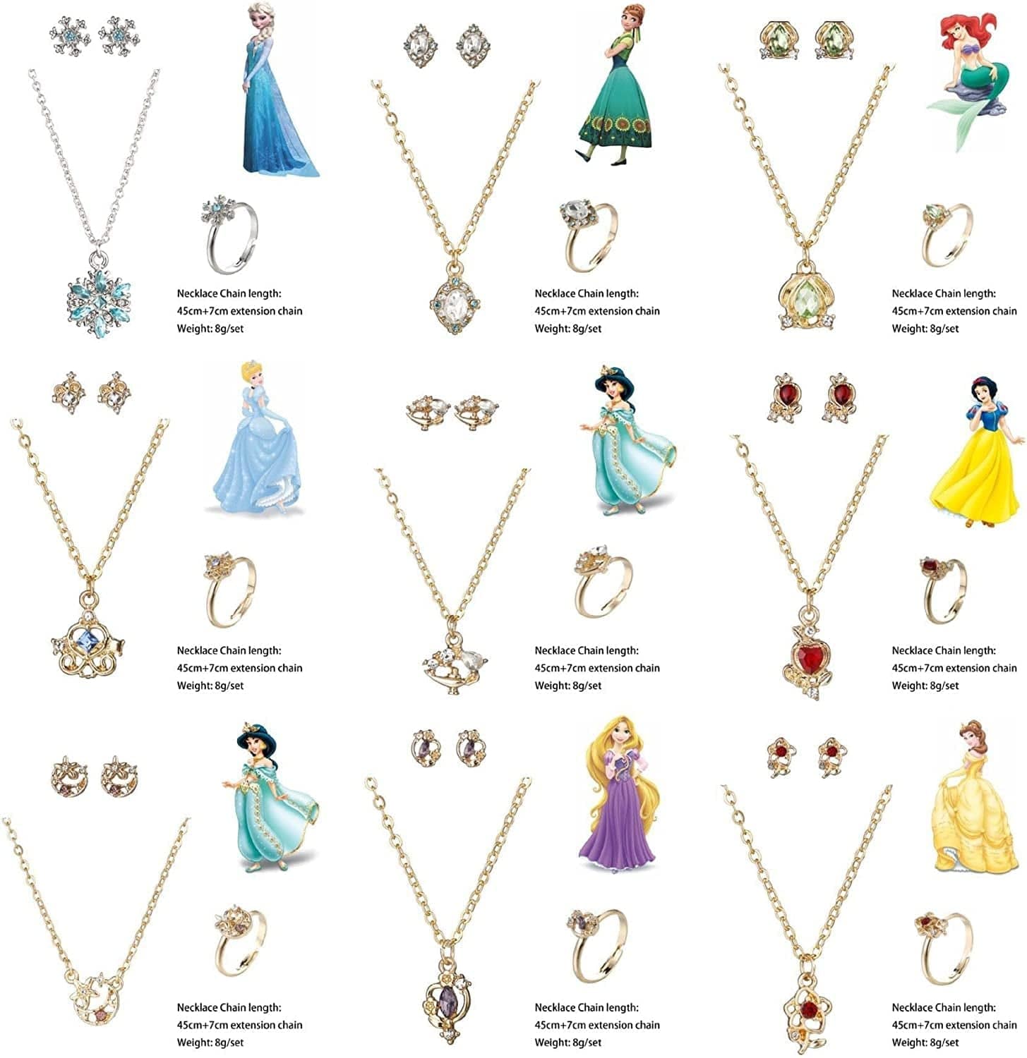 4Pcs Cute Girls Princess Necklace Earring Ring Set, Adjustable Jewelry Gift Set for Women Girl Birthday/Valentine'S Day/Anniversary