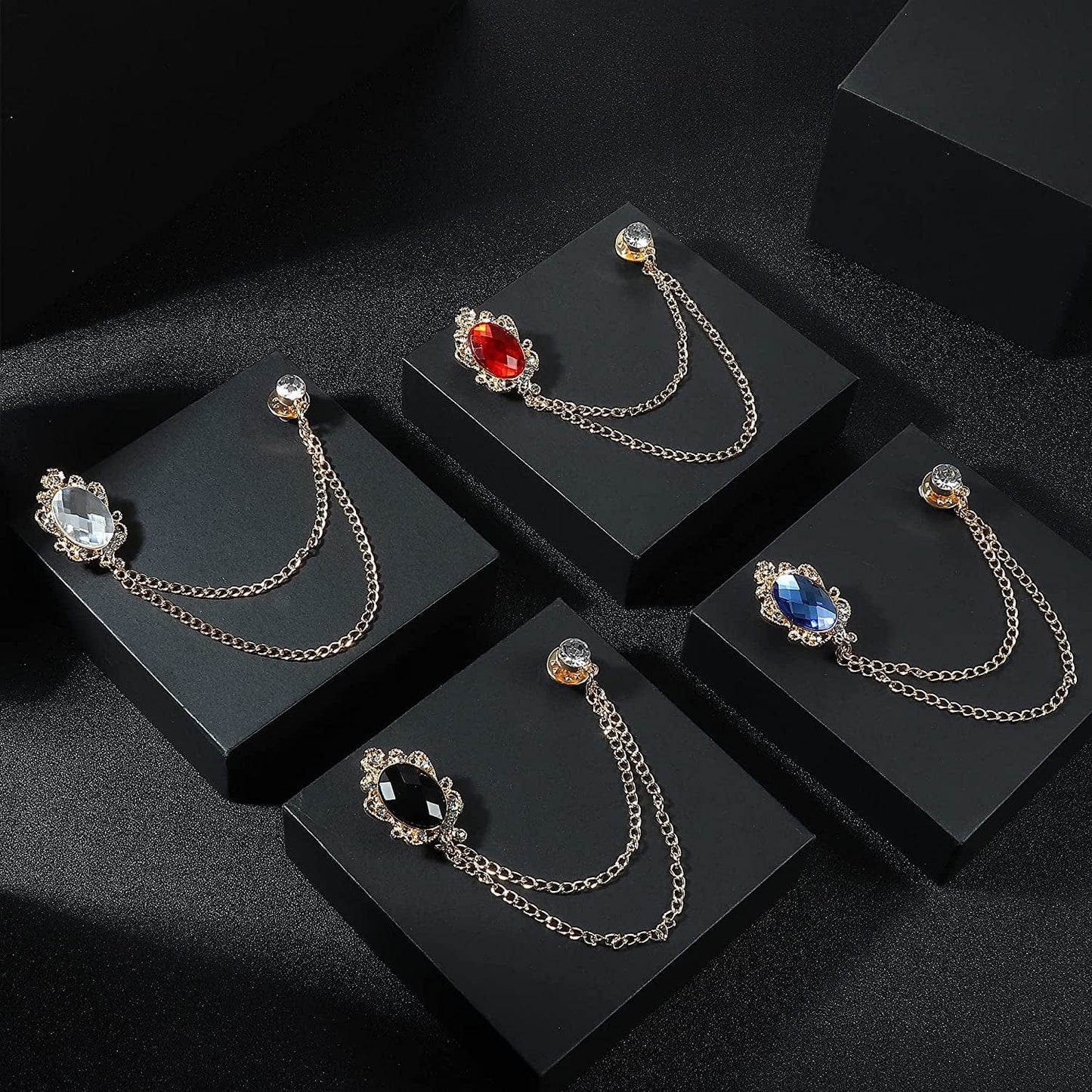 4PCS Gem Brooch Lapel Pin Chain for Men Suit Tassel Collar Chains for Shirts Badge Hanging Chains Tuxedo Accessories Colorful Hat Scarf Tie Pins for Women Men Father'S Day Gift