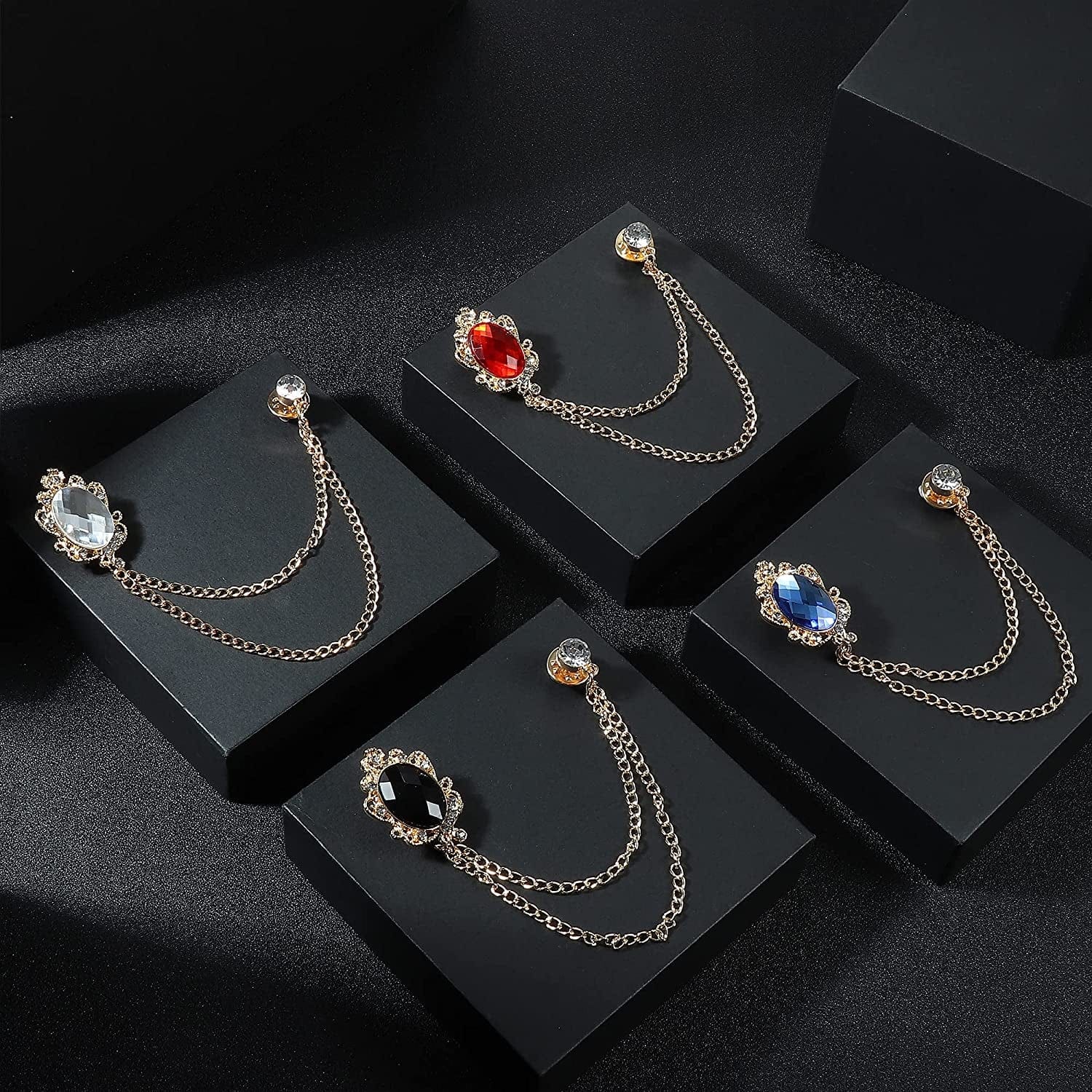 4PCS Gem Brooch Lapel Pin Chain for Men Suit Tassel Collar Chains for Shirts Badge Hanging Chains Tuxedo Accessories Colorful Hat Scarf Tie Pins for Women Men Father'S Day Gift