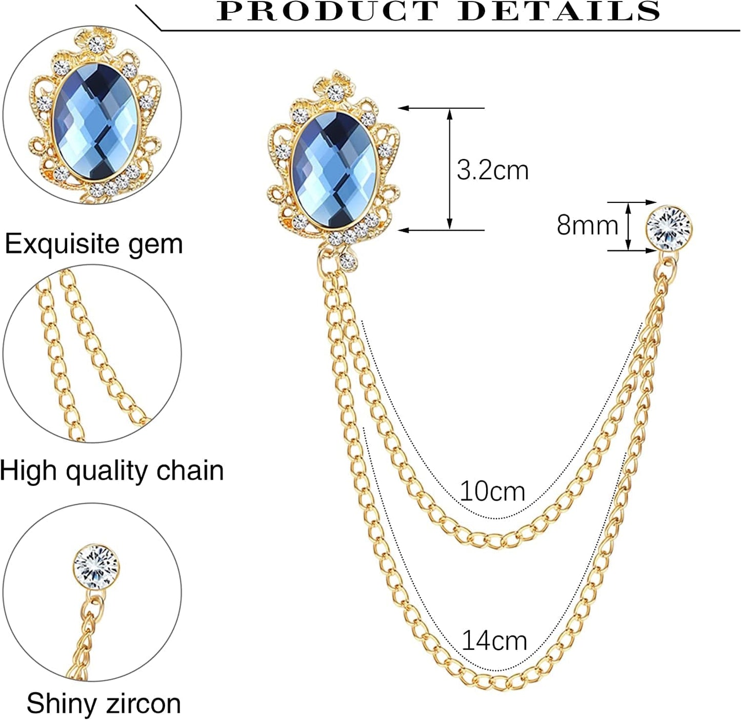4PCS Gem Brooch Lapel Pin Chain for Men Suit Tassel Collar Chains for Shirts Badge Hanging Chains Tuxedo Accessories Colorful Hat Scarf Tie Pins for Women Men Father'S Day Gift
