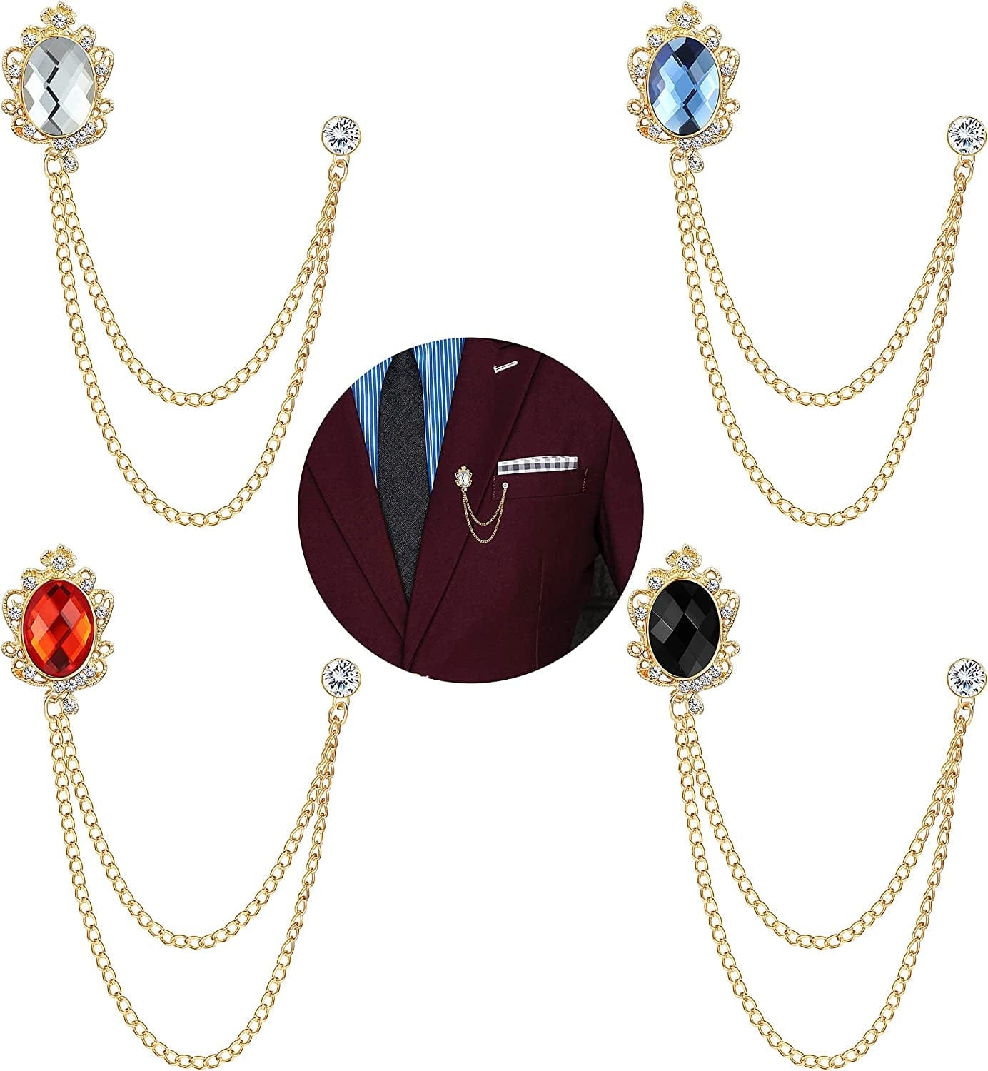 4PCS Gem Brooch Lapel Pin Chain for Men Suit Tassel Collar Chains for Shirts Badge Hanging Chains Tuxedo Accessories Colorful Hat Scarf Tie Pins for Women Men Father'S Day Gift