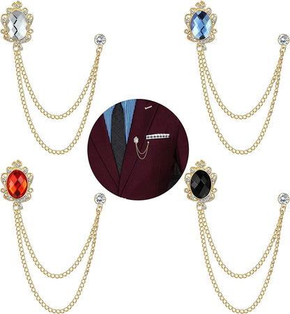 4PCS Gem Brooch Lapel Pin Chain for Men Suit Tassel Collar Chains for Shirts Badge Hanging Chains Tuxedo Accessories Colorful Hat Scarf Tie Pins for Women Men Father'S Day Gift