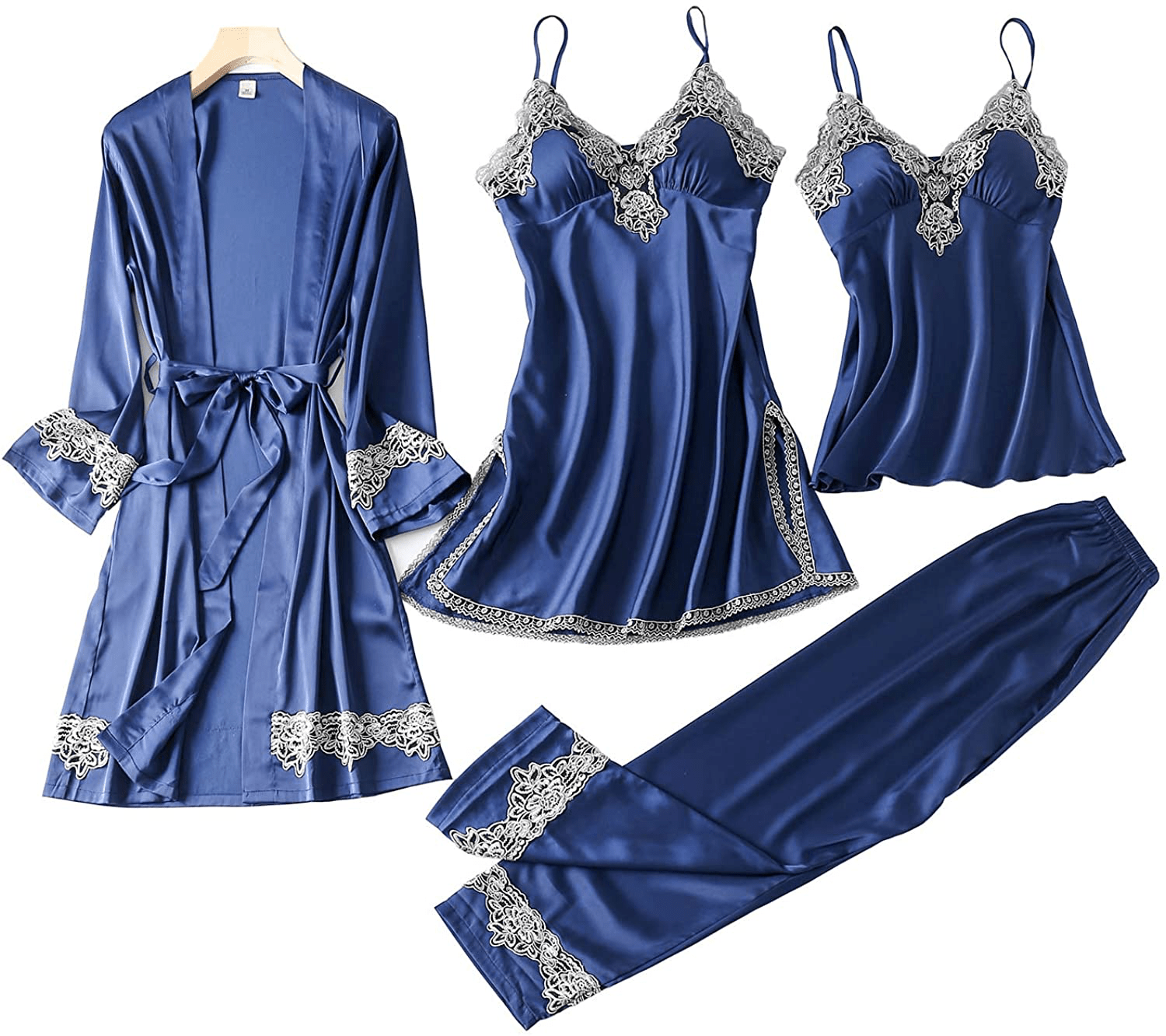 4PCS Pajama Sets for Women Cami Top Lace Sleepwear with Chest Pads Loungewear Sexy Nightgown Pants Apparel & Accessories > Clothing > Sleepwear & Loungewear Kylie Max   