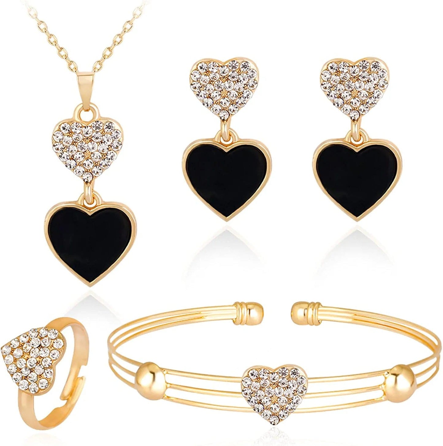 4Pcs Simple Wedding Jewelry Set Fashion Black Heart Crystal Pendent Necklace Earring Bracelet Ring Set for Women Party Prom Holiday Gifts