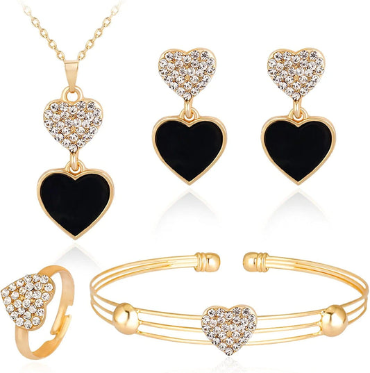 4Pcs Simple Wedding Jewelry Set Fashion Black Heart Crystal Pendent Necklace Earring Bracelet Ring Set for Women Party Prom Holiday Gifts