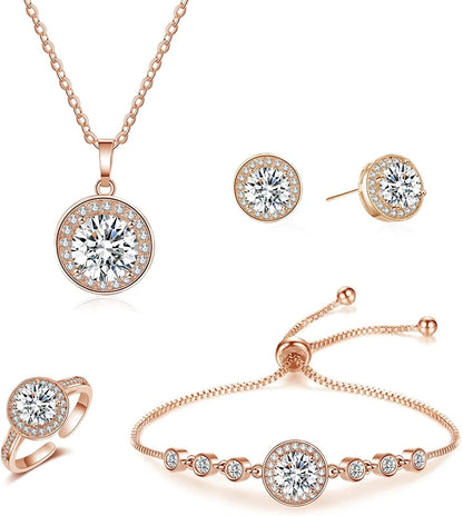 4PCS Wedding Jewelry for Bridesmaid Cubic Zirconia Teardrop Necklace Earrings Bracelet Ring Set Bridesmaid Jewelry Set for Women Party Jewelry Gift F-Round set rose gold
