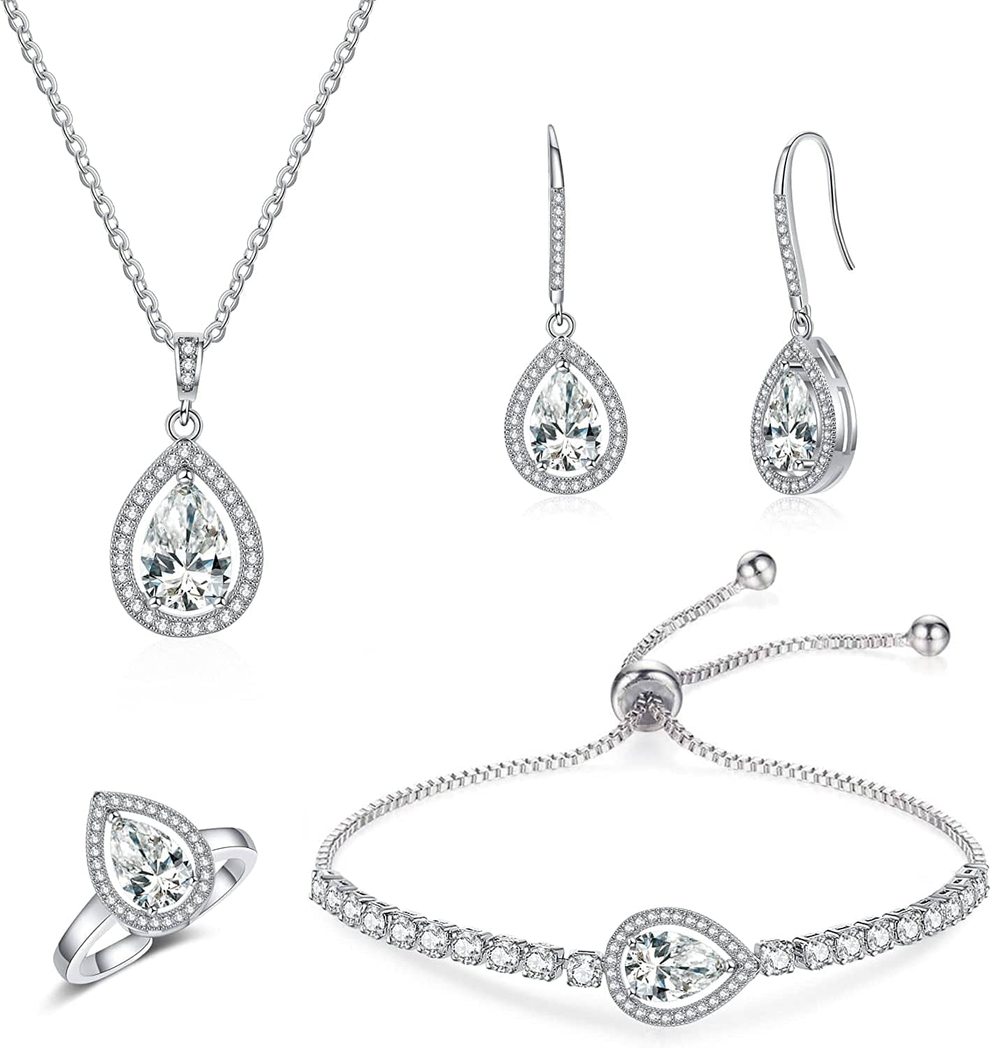 4PCS Wedding Jewelry for Bridesmaid Cubic Zirconia Teardrop Necklace Earrings Bracelet Ring Set Bridesmaid Jewelry Set for Women Party Jewelry Gift Teardrop jewelry-silver3