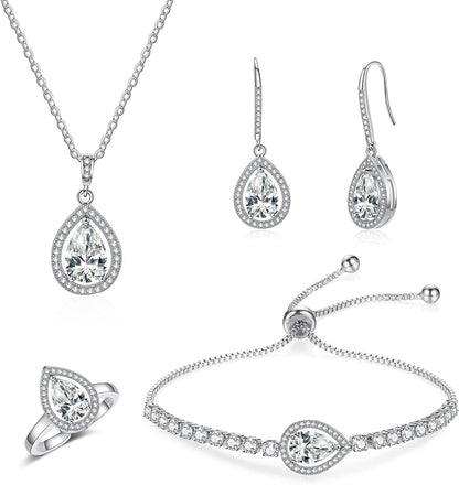 4PCS Wedding Jewelry for Bridesmaid Cubic Zirconia Teardrop Necklace Earrings Bracelet Ring Set Bridesmaid Jewelry Set for Women Party Jewelry Gift Teardrop jewelry-silver3