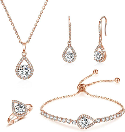 4PCS Wedding Jewelry for Bridesmaid Cubic Zirconia Teardrop Necklace Earrings Bracelet Ring Set Bridesmaid Jewelry Set for Women Party Jewelry Gift C-Teardrop set rose gold