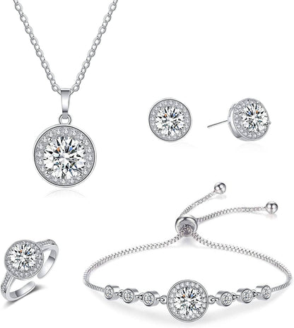 4PCS Wedding Jewelry for Bridesmaid Cubic Zirconia Teardrop Necklace Earrings Bracelet Ring Set Bridesmaid Jewelry Set for Women Party Jewelry Gift D-Round set silver