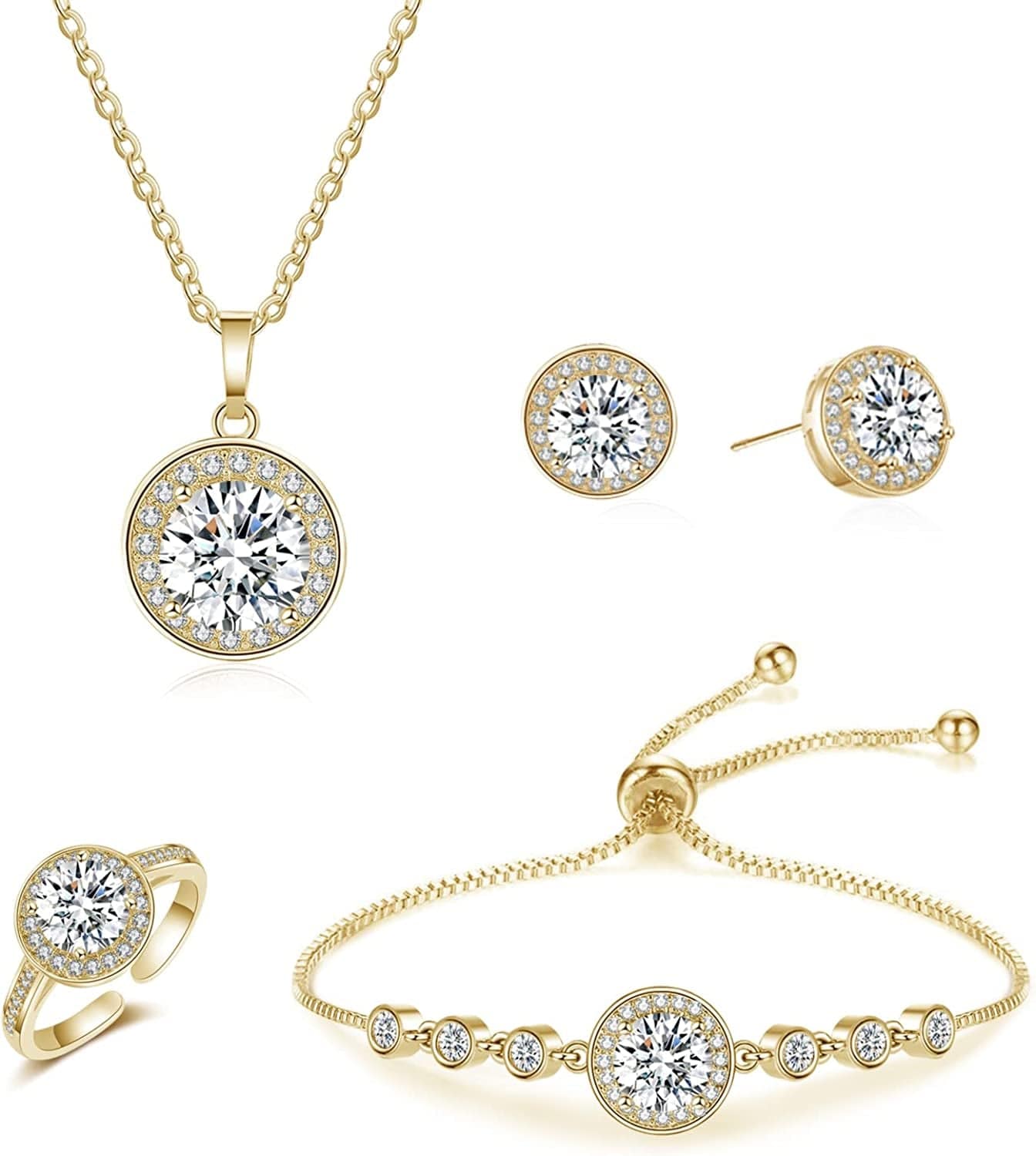 4PCS Wedding Jewelry for Bridesmaid Cubic Zirconia Teardrop Necklace Earrings Bracelet Ring Set Bridesmaid Jewelry Set for Women Party Jewelry Gift E-Round set gold
