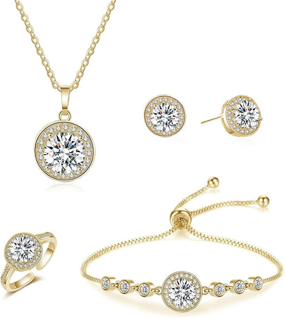 4PCS Wedding Jewelry for Bridesmaid Cubic Zirconia Teardrop Necklace Earrings Bracelet Ring Set Bridesmaid Jewelry Set for Women Party Jewelry Gift E-Round set gold