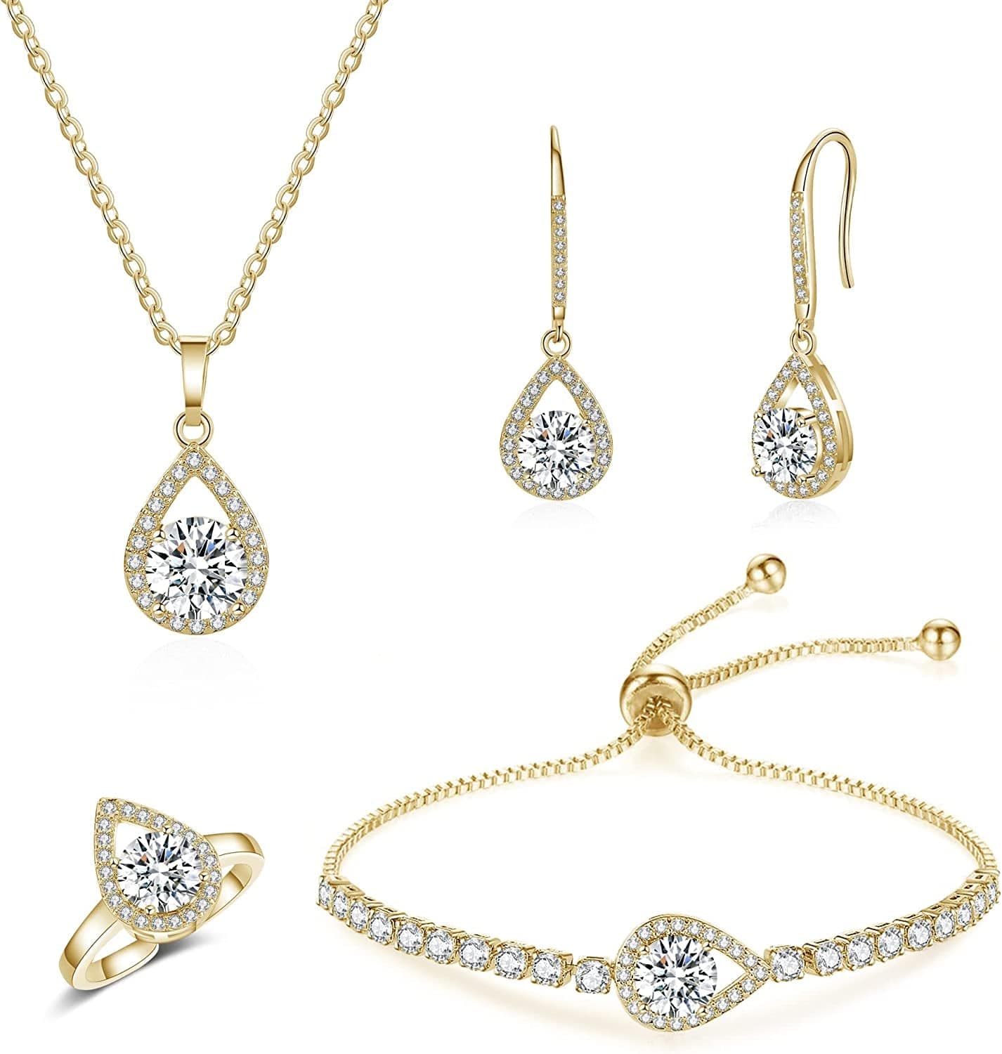4PCS Wedding Jewelry for Bridesmaid Cubic Zirconia Teardrop Necklace Earrings Bracelet Ring Set Bridesmaid Jewelry Set for Women Party Jewelry Gift B-Teardrop set gold