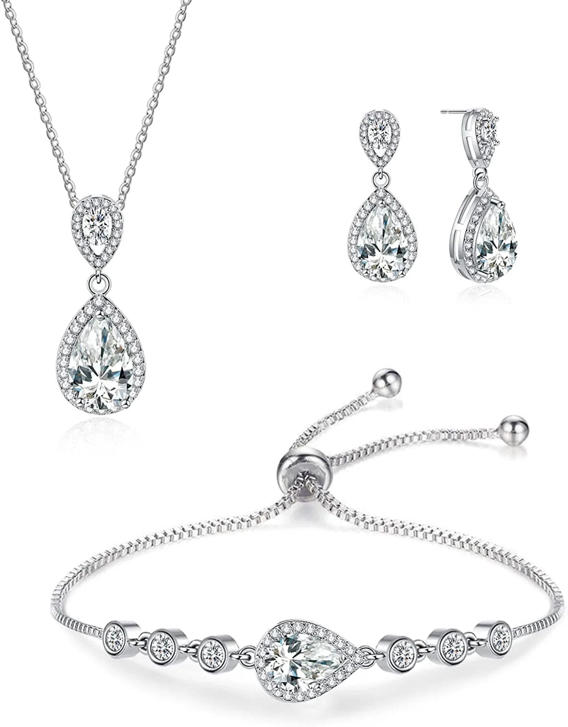 4PCS Wedding Jewelry for Bridesmaid Cubic Zirconia Teardrop Necklace Earrings Bracelet Ring Set Bridesmaid Jewelry Set for Women Party Jewelry Gift Teardrop jewelry-silver2