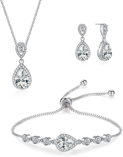 4PCS Wedding Jewelry for Bridesmaid Cubic Zirconia Teardrop Necklace Earrings Bracelet Ring Set Bridesmaid Jewelry Set for Women Party Jewelry Gift Teardrop jewelry-silver2