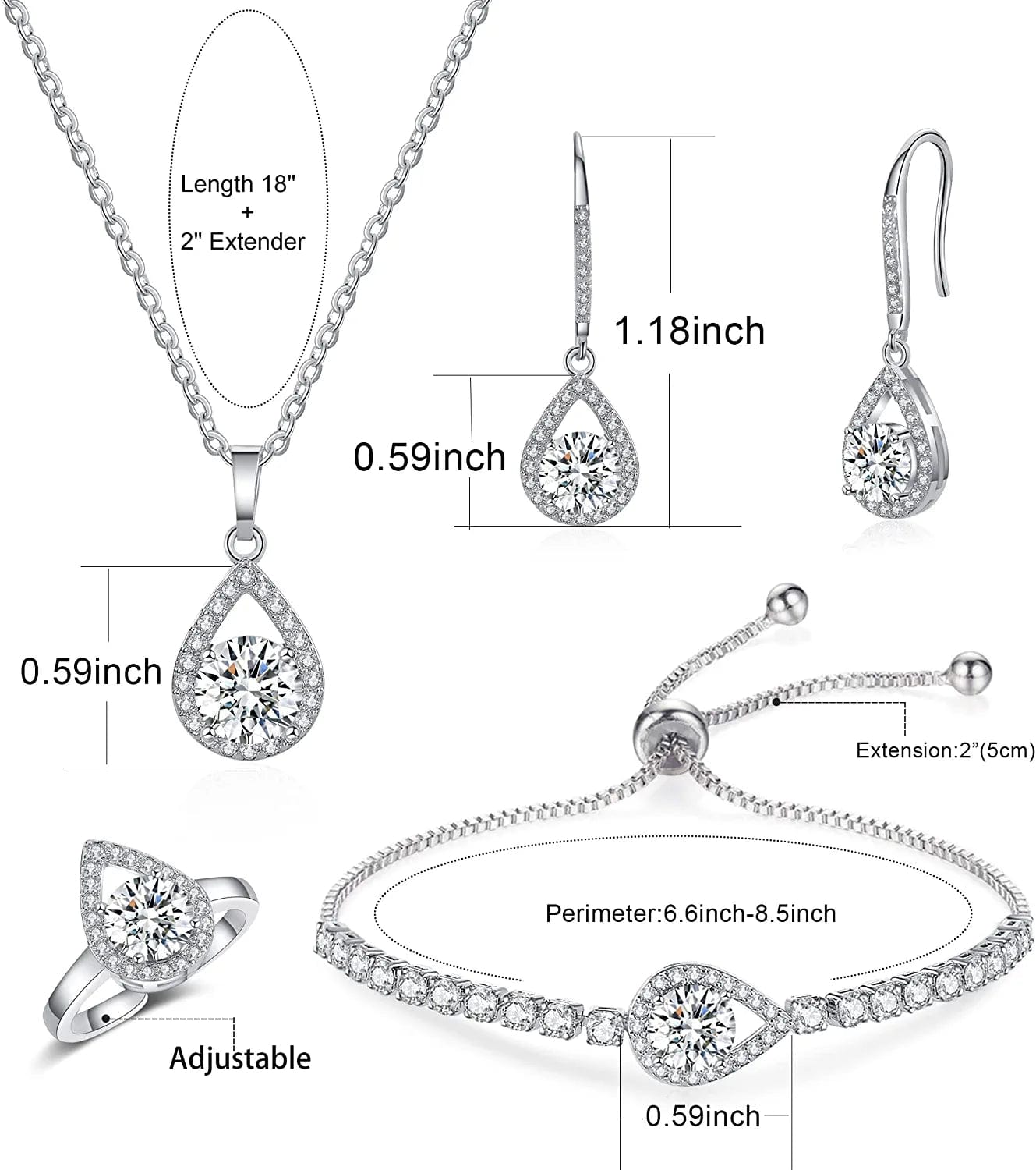4PCS Wedding Jewelry for Bridesmaid Cubic Zirconia Teardrop Necklace Earrings Bracelet Ring Set Bridesmaid Jewelry Set for Women Party Jewelry Gift