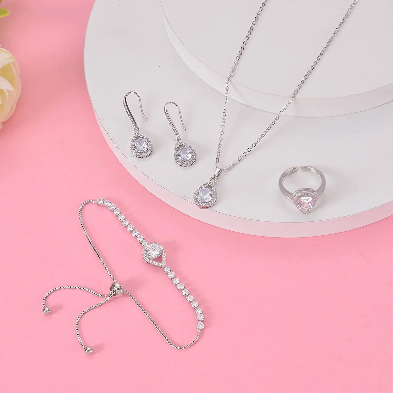 4PCS Wedding Jewelry for Bridesmaid Cubic Zirconia Teardrop Necklace Earrings Bracelet Ring Set Bridesmaid Jewelry Set for Women Party Jewelry Gift