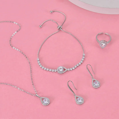 4PCS Wedding Jewelry for Bridesmaid Cubic Zirconia Teardrop Necklace Earrings Bracelet Ring Set Bridesmaid Jewelry Set for Women Party Jewelry Gift