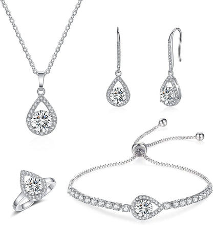 4PCS Wedding Jewelry for Bridesmaid Cubic Zirconia Teardrop Necklace Earrings Bracelet Ring Set Bridesmaid Jewelry Set for Women Party Jewelry Gift A-Teardrop set silver