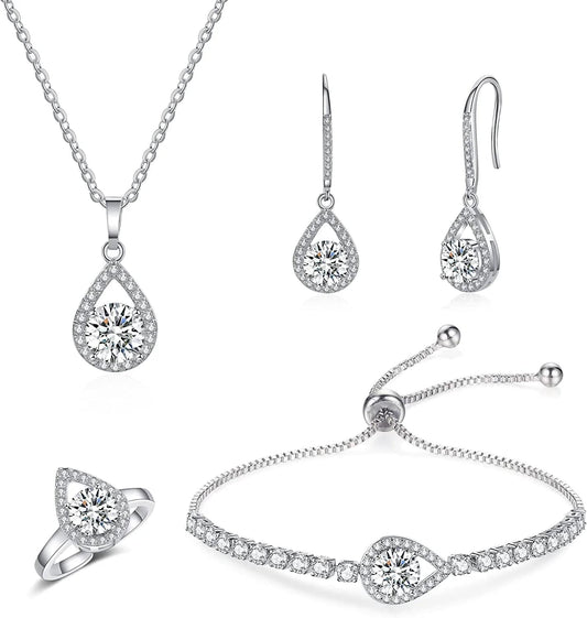 4PCS Wedding Jewelry for Bridesmaid Cubic Zirconia Teardrop Necklace Earrings Bracelet Ring Set Bridesmaid Jewelry Set for Women Party Jewelry Gift A-Teardrop set silver