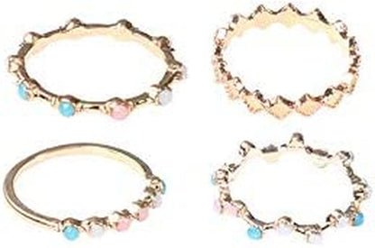 4Pcs Women Dainty Gold Ring Set Simple Rainbow Colorful Bead Cute Wave Knuckle Ring Set Gift for Her Lovely Ring Set Women and Girls Teens