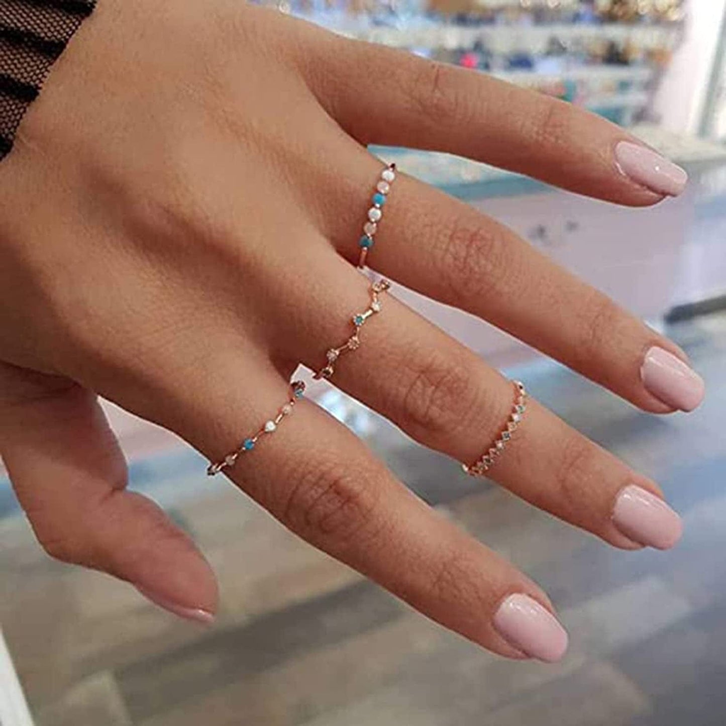 4Pcs Women Dainty Gold Ring Set Simple Rainbow Colorful Bead Cute Wave Knuckle Ring Set Gift for Her Lovely Ring Set Women and Girls Teens