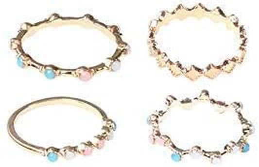 4Pcs Women Dainty Gold Ring Set Simple Rainbow Colorful Bead Cute Wave Knuckle Ring Set Gift for Her Lovely Ring Set Women and Girls Teens