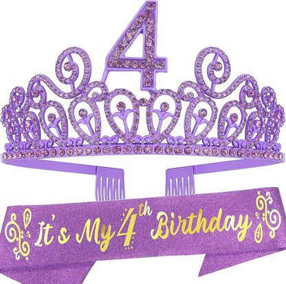 4Th Birthday Sash and Tiara for Girls - Fabulous Glitter Sash + Ripples Rhinestone Purple Premium Metal Tiara for Girls, 4Th Birthday Gifts for Princess Party Apparel & Accessories > Clothing Accessories > Sashes MEANT2TOBE Purple  