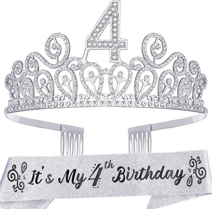 4Th Birthday Sash and Tiara for Girls - Fabulous Glitter Sash + Ripples Rhinestone Purple Premium Metal Tiara for Girls, 4Th Birthday Gifts for Princess Party Apparel & Accessories > Clothing Accessories > Sashes MEANT2TOBE Silver  