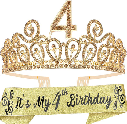 4Th Birthday Sash and Tiara for Girls - Fabulous Glitter Sash + Ripples Rhinestone Purple Premium Metal Tiara for Girls, 4Th Birthday Gifts for Princess Party Apparel & Accessories > Clothing Accessories > Sashes MEANT2TOBE Gold  
