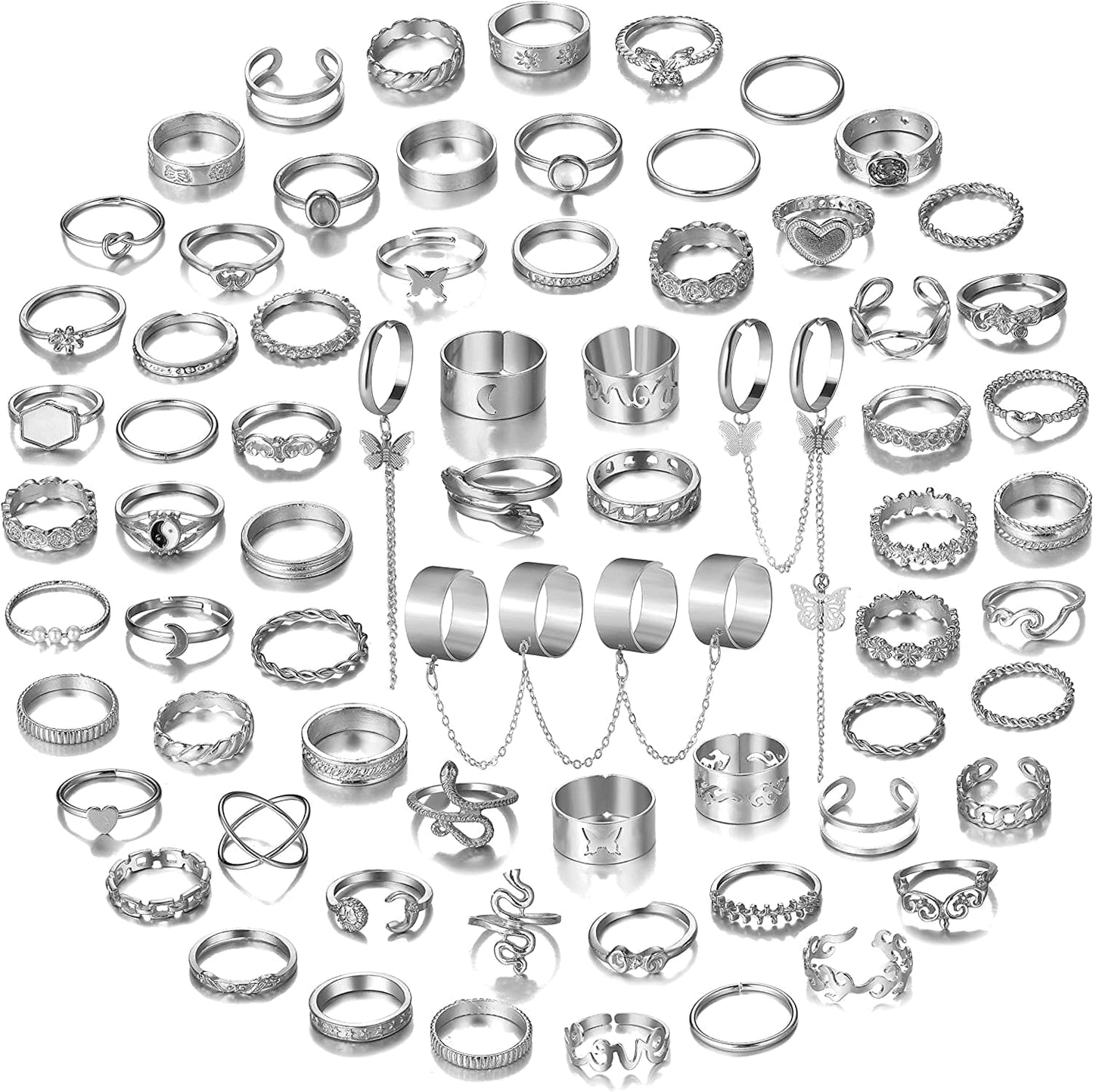 5-70 Pcs Vintage Gold Rings Set for Women Teen Girls, Boho Midi Finger Knuckle Ring Pack, Trendy Aesthetic Stackable Ring of Packs Size Mixed silver-70pcs