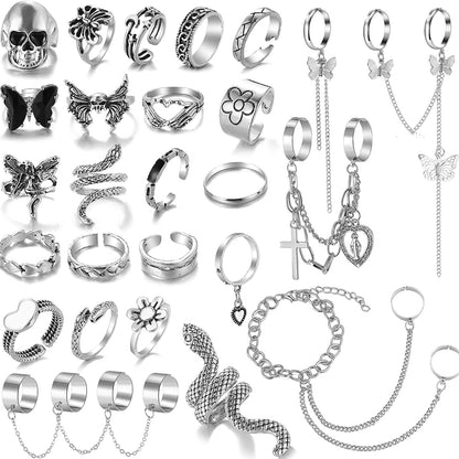 5-70 Pcs Vintage Gold Rings Set for Women Teen Girls, Boho Midi Finger Knuckle Ring Pack, Trendy Aesthetic Stackable Ring of Packs Size Mixed Silver-32pcs