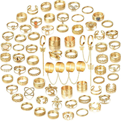 5-70 Pcs Vintage Gold Rings Set for Women Teen Girls, Boho Midi Finger Knuckle Ring Pack, Trendy Aesthetic Stackable Ring of Packs Size Mixed Gold-1-70pcs