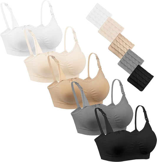 5 Pack Seamless Maternity Bras for Pregancy Full Bust Wireless Nursing Bras for Breastfeeding 5pack(black+grey+beige+pink+white) / Large
